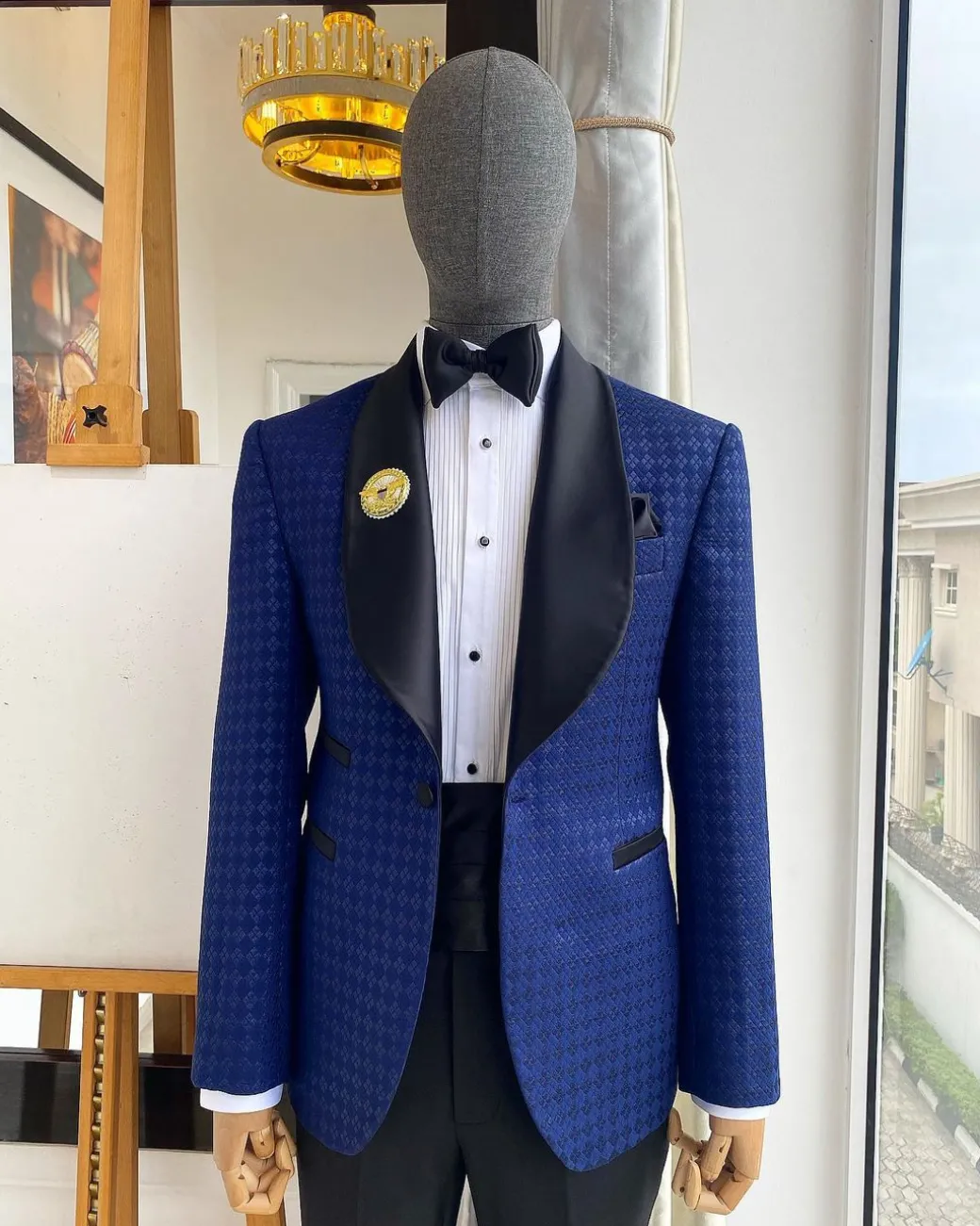 A Navy And Midnight Mixed Square Pattern Jacquard Shawl Lapel Tuxedo Suit.