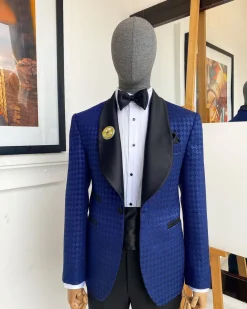 A Navy And Midnight Mixed Square Pattern Jacquard Shawl Lapel Tuxedo Suit.