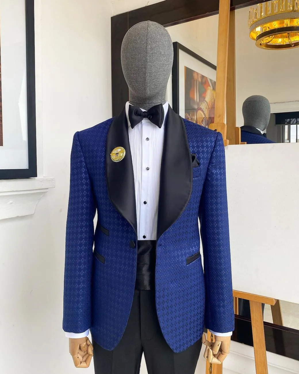 A Navy And Midnight Mixed Square Pattern Jacquard Shawl Lapel Tuxedo Suit.
