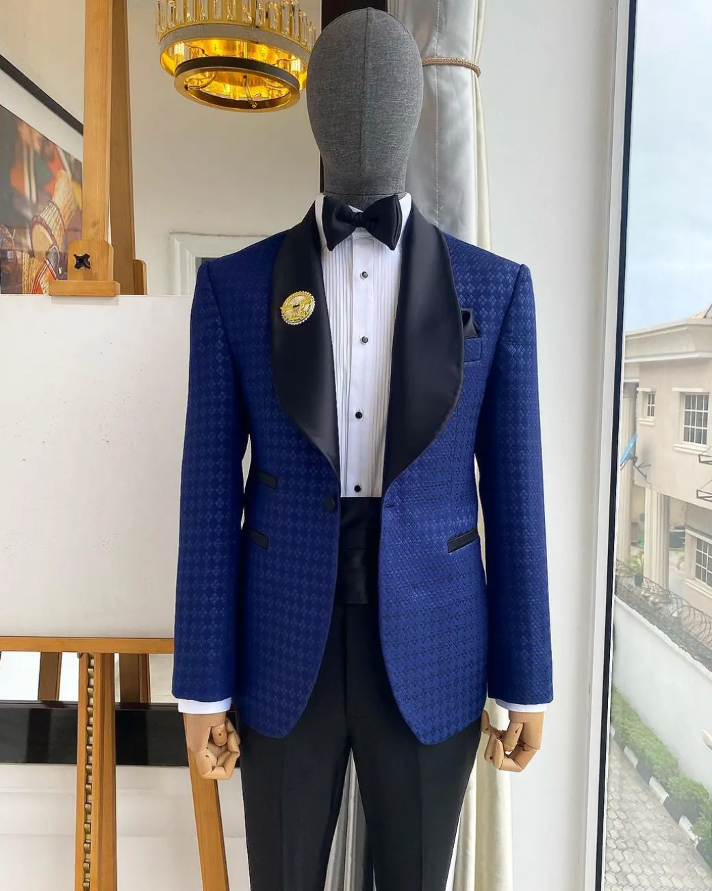 A Navy And Midnight Mixed Square Pattern Jacquard Shawl Lapel Tuxedo Suit.