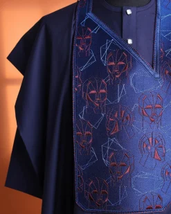 A Navy Blue, AI connected iron-man maze embrodery details agbada