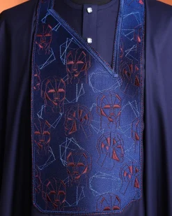 A Navy Blue, AI connected iron-man maze embrodery details agbada