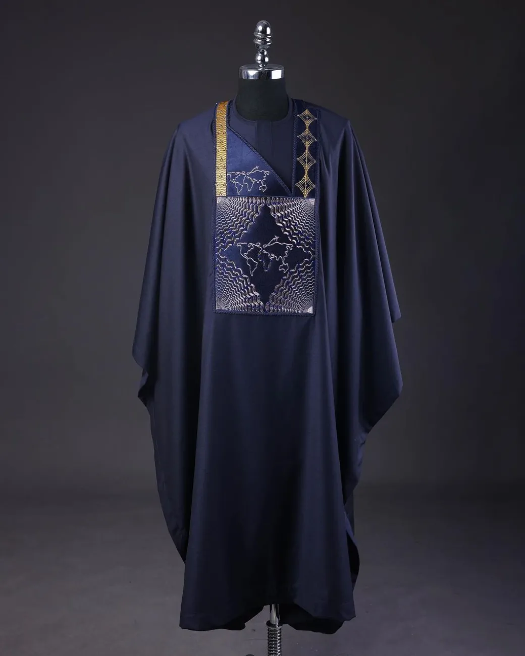 A Navy Blue, Ajala The Traveler Metallic Wire Embroidery Details Agbada