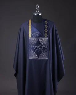 A Navy Blue, Ajala The Traveler Metallic Wire Embroidery Details Agbada
