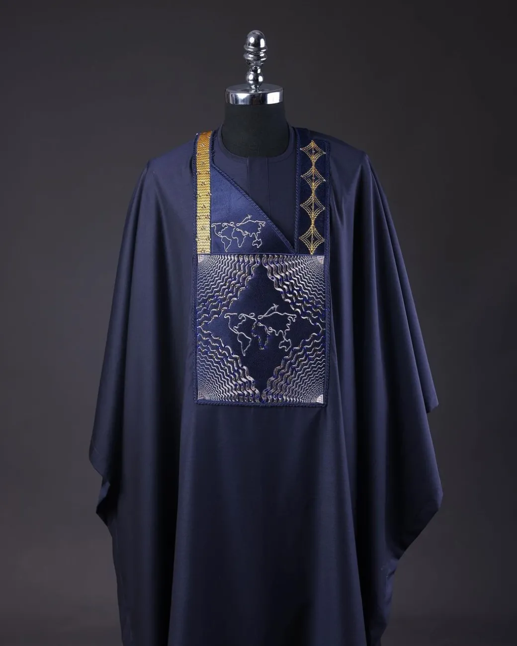 A Navy Blue, Ajala The Traveler Metallic Wire Embroidery Details Agbada