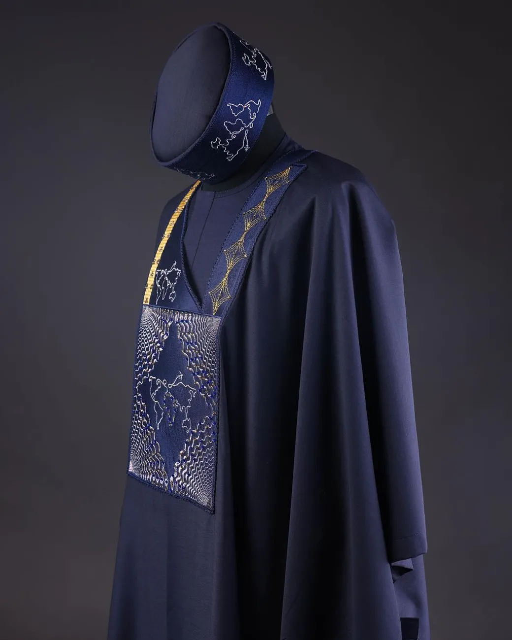 A Navy Blue, Ajala The Traveler Metallic Wire Embroidery Details Agbada