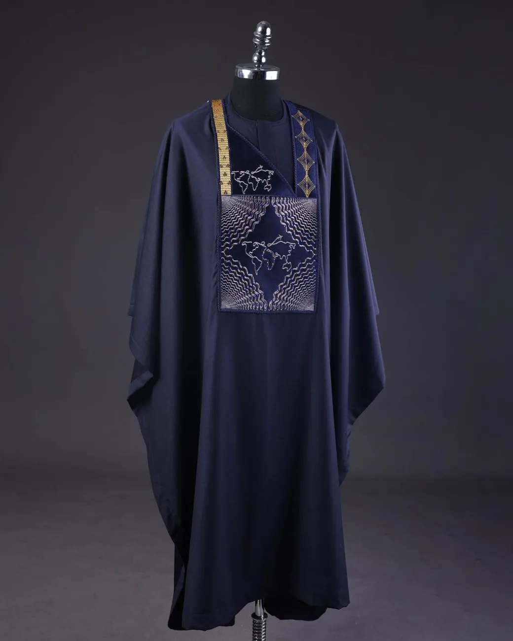 A Navy Blue, Ajala The Traveler Metallic Wire Embroidery Details Agbada
