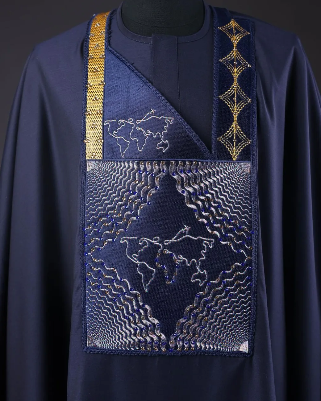 A Navy Blue, Ajala The Traveler Metallic Wire Embroidery Details Agbada