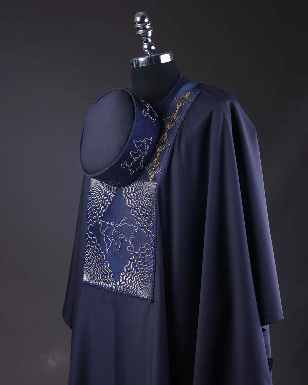A Navy Blue, Ajala The Traveler Metallic Wire Embroidery Details Agbada