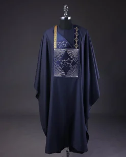A Navy Blue, Ajala The Traveler Metallic Wire Embroidery Details Agbada