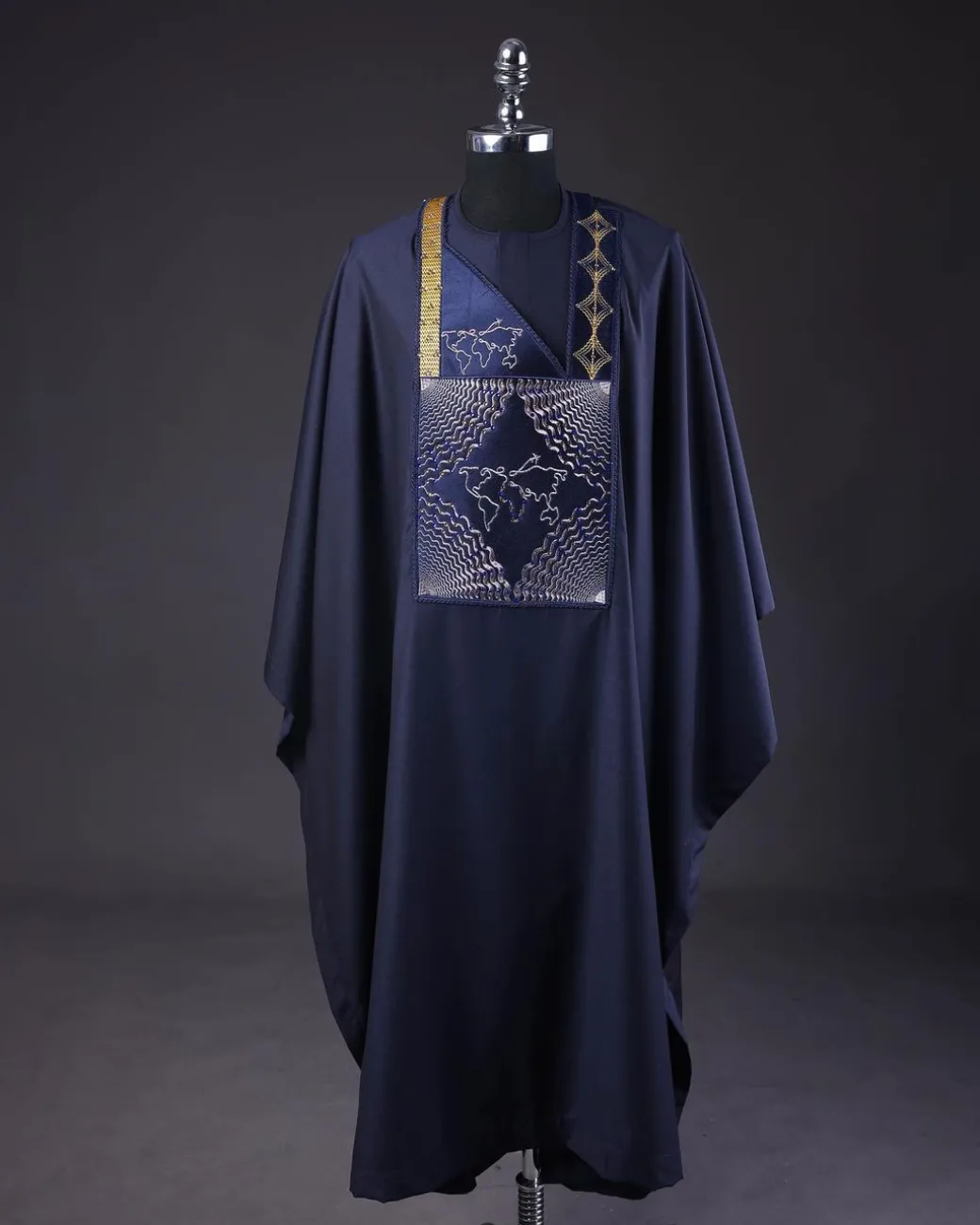 A Navy Blue, Ajala The Traveler Metallic Wire Embroidery Details Agbada