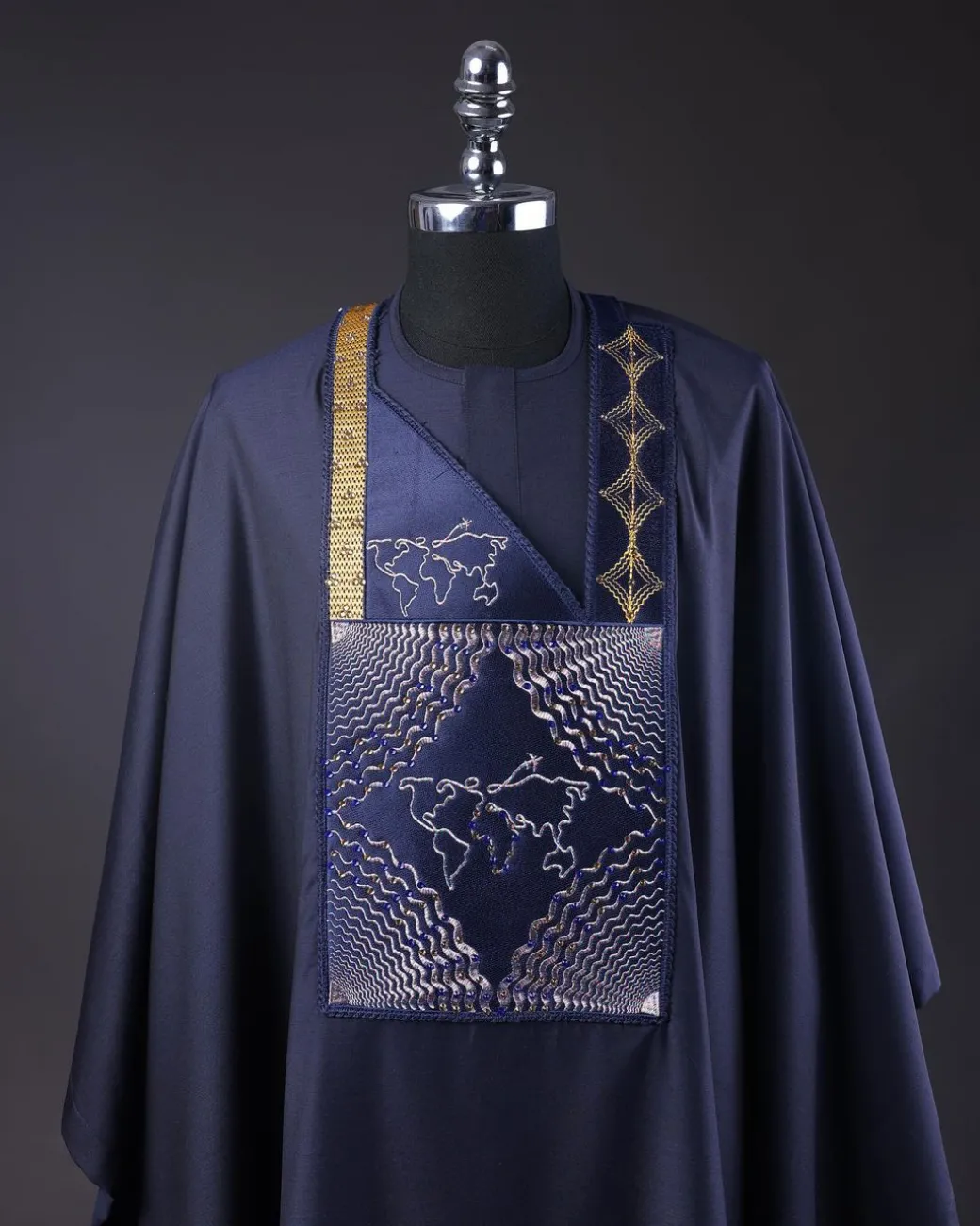 A Navy Blue, Ajala The Traveler Metallic Wire Embroidery Details Agbada
