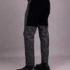 A Navy Blue & Gold Metallic Jacquard Straight-cut Pant with Half-cut Back Panel Velvet Details