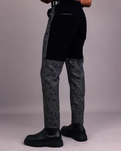 A Navy Blue & Gold Metallic Jacquard Straight-cut Pant with Half-cut Back Panel Velvet Details