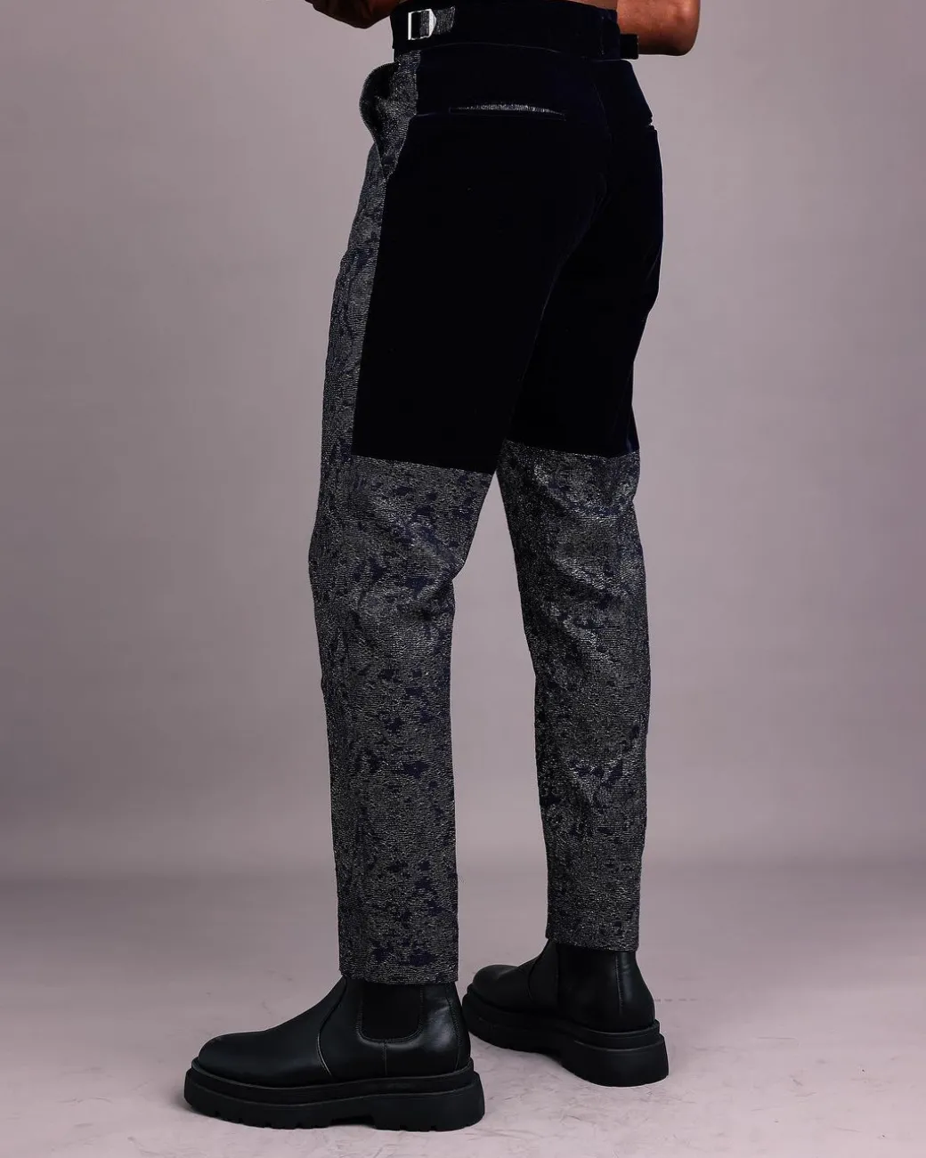 A Navy Blue & Gold Metallic Jacquard Straight-cut Pant with Half-cut Back Panel Velvet Details