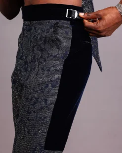 A Navy Blue & Gold Metallic Jacquard Straight-cut Pant with Half-cut Back Panel Velvet Details