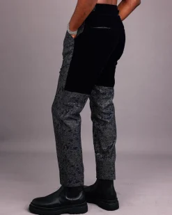 A Navy Blue & Gold Metallic Jacquard Straight-cut Pant with Half-cut Back Panel Velvet Details