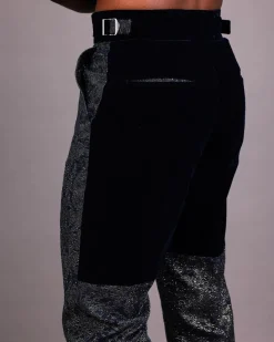 A Navy Blue & Gold Metallic Jacquard Straight-cut Pant with Half-cut Back Panel Velvet Details