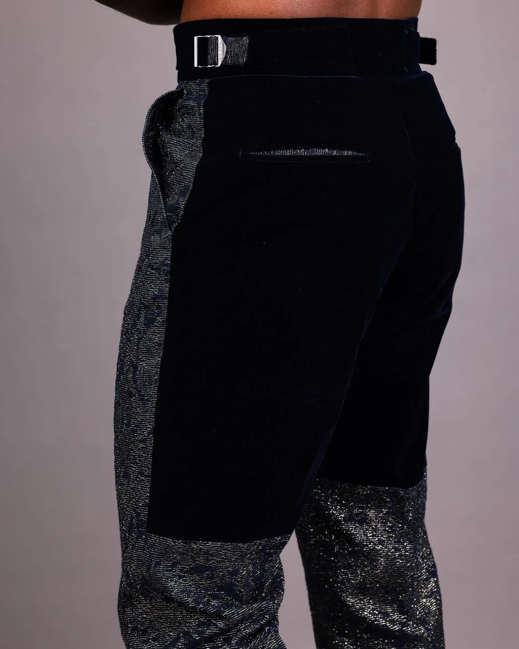 A Navy Blue & Gold Metallic Jacquard Straight-cut Pant with Half-cut Back Panel Velvet Details
