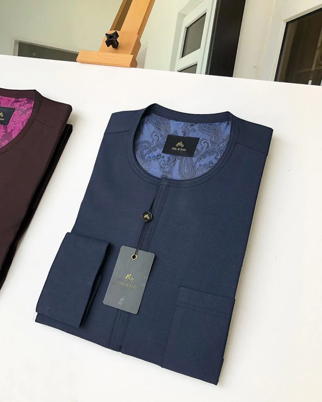 A Navy Blue and Burgundy Front Flap detailing Kaftan