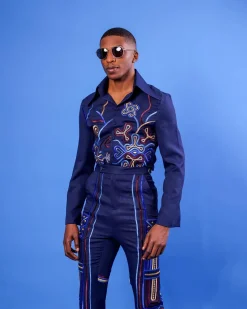 A Navy Blue, “Anikulapo” Arewa Embroidery Top And Pant African Native.