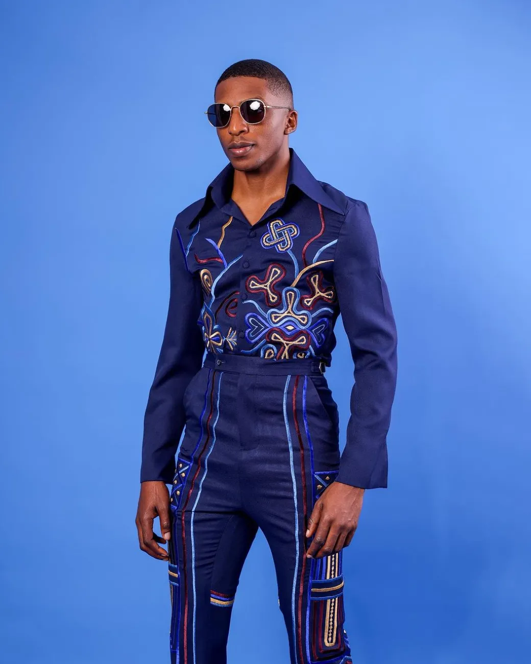 A Navy Blue, “Anikulapo” Arewa Embroidery Top And Pant African Native.