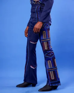 A Navy Blue “Anikulapo” High Waist, Trumpet Cut With Arewa Embroidery Details Pants With Side Metal Adjuster