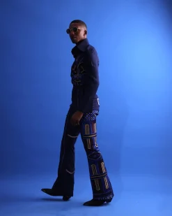 A Navy Blue “Anikulapo” High Waist, Trumpet Cut With Arewa Embroidery Details Pants With Side Metal Adjuster