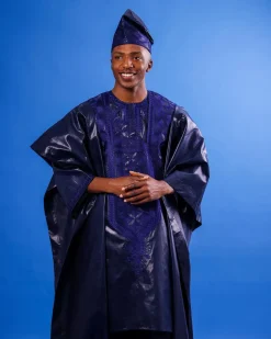 A Navy blue “Arewa” embroidery front cut towards back, traditional Agbada, 3/4 sleeve kaftan, and Sokoto