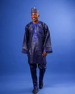 A Navy Blue, Arewa Embroidery Details, Long Sleeve, Free-Hand African Senator Kaftan Native.