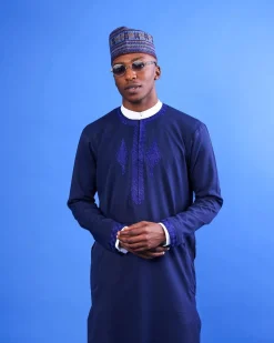 A Navy Blue, Arewa Embroidery Details Long Sleeve African Senator Kaftan Native