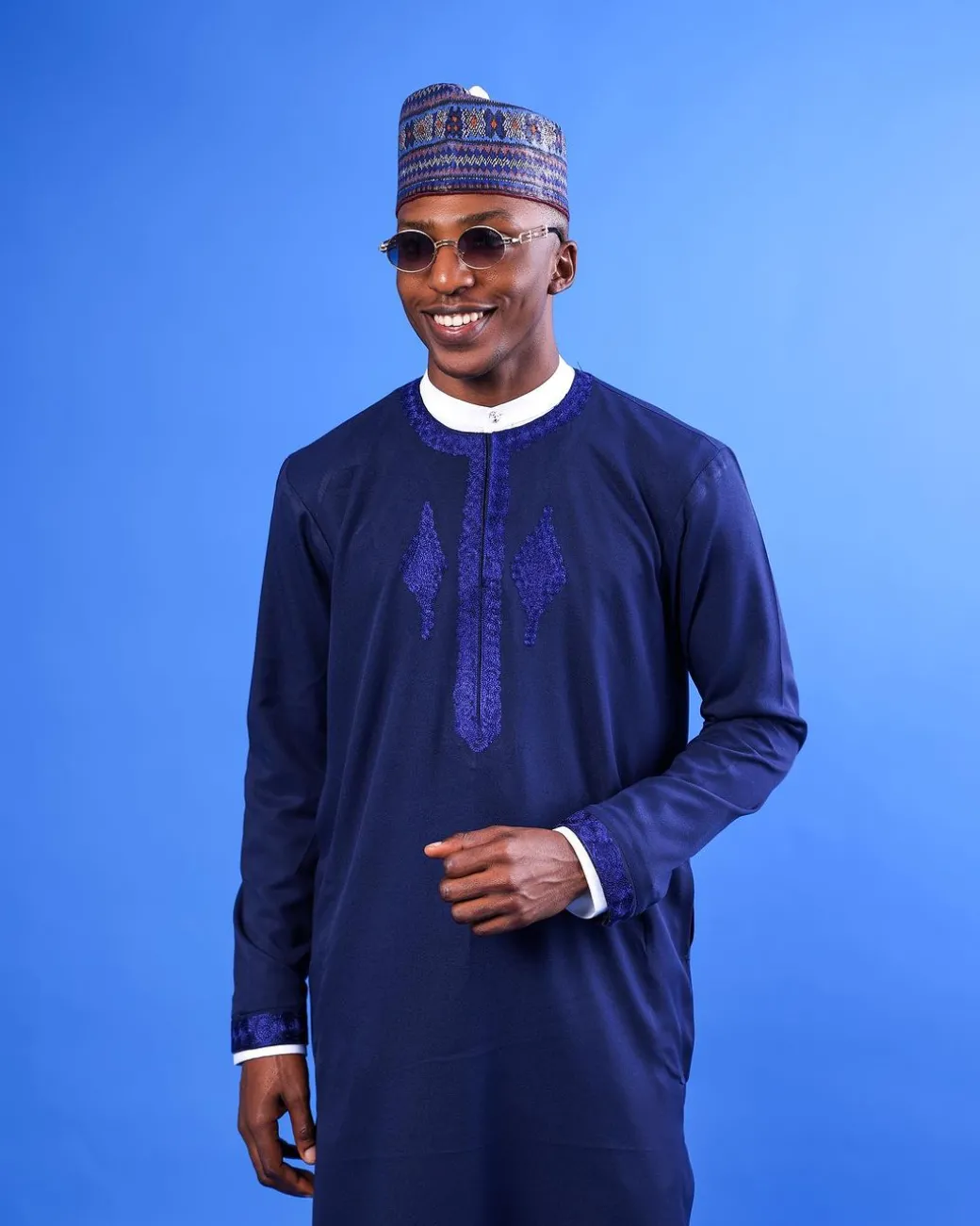 A Navy Blue, Arewa Embroidery Details Long Sleeve African Senator Kaftan Native