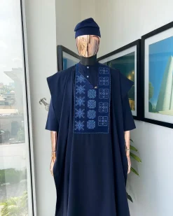 A navy blue, Arewa interwoven pattern embroidery details agbada, 3/4 sleeve kaftan & sokoto