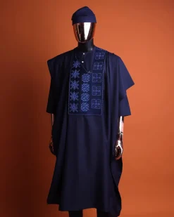 A navy blue, Arewa interwoven pattern embroidery details agbada, 3/4 sleeve kaftan & sokoto