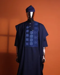 A navy blue, Arewa interwoven pattern embroidery details agbada, 3/4 sleeve kaftan & sokoto