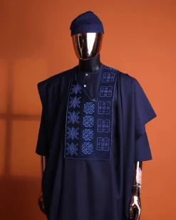 A navy blue, Arewa interwoven pattern embroidery details agbada, 3/4 sleeve kaftan & sokoto