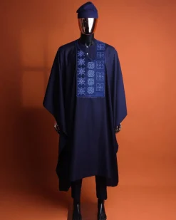 A navy blue, Arewa interwoven pattern embroidery details agbada, 3/4 sleeve kaftan & sokoto