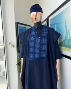 A navy blue, Arewa interwoven pattern embroidery details agbada, 3/4 sleeve kaftan & sokoto