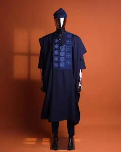 A navy blue, Arewa interwoven pattern embroidery details agbada, 3/4 sleeve kaftan & sokoto