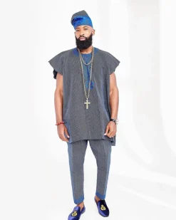 A Navy Blue Aso Oke Dashiki And Hand Wooven Yoruba Hat
