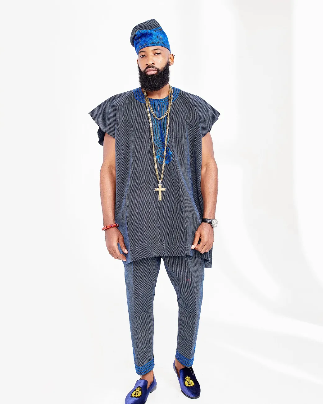 A Navy Blue Aso Oke Dashiki And Hand Wooven Yoruba Hat