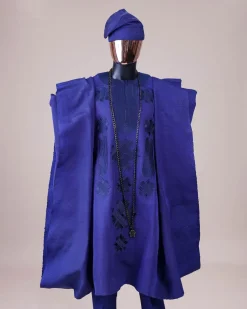 A Navy blue aso-oke, spiral embroidery detailing agbada