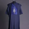 A Navy blue, central head of pagoda embroidery details agbada