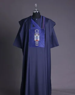 A Navy blue, central head of pagoda embroidery details agbada