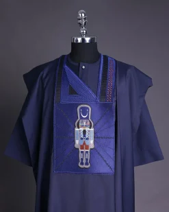 A Navy blue, central head of pagoda embroidery details agbada