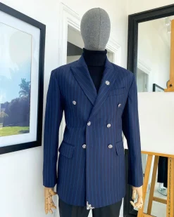 A Navy Blue Chalk Stripe Double Breasted Peak Lapel Suit