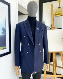 A Navy Blue Chalk Stripe Double Breasted Peak Lapel Suit