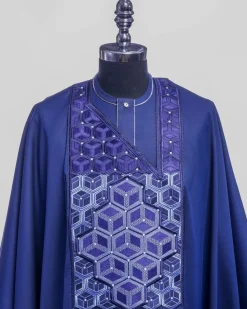 A Navy Blue, Connected Inverted Cube -Layered 3D Embroidery Design With Splashed Sky Blue ss30 Swarovski Stone Details Agbada
