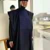 A Navy blue, connected square embroidery design with matching Skye blue Swarovski stone details agbada