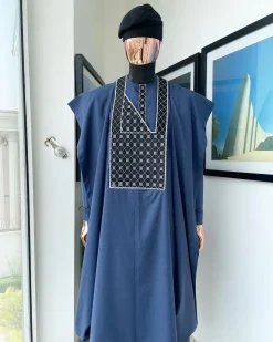 A Navy blue, connected square embroidery design details agbada